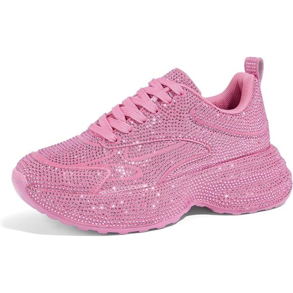 Shoes - Women's Rhinestone Pink Chunky Sparkly Casual Shiny Sneakers Shoes Footwear